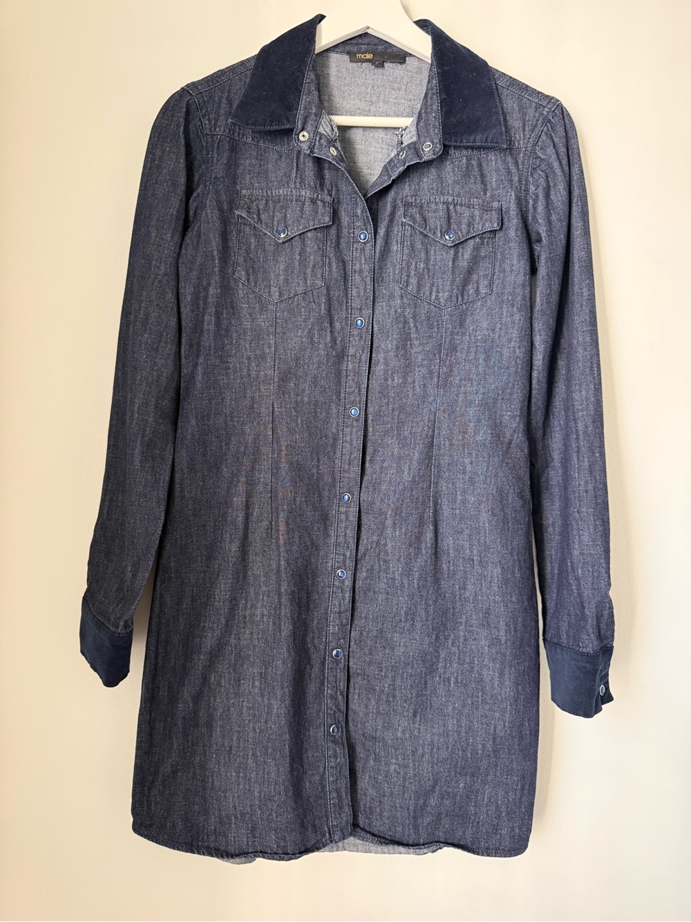 Maje Rallex Dark Wash Denim Shirt Dress Velvet Collar and Cuffs, Snaps 2